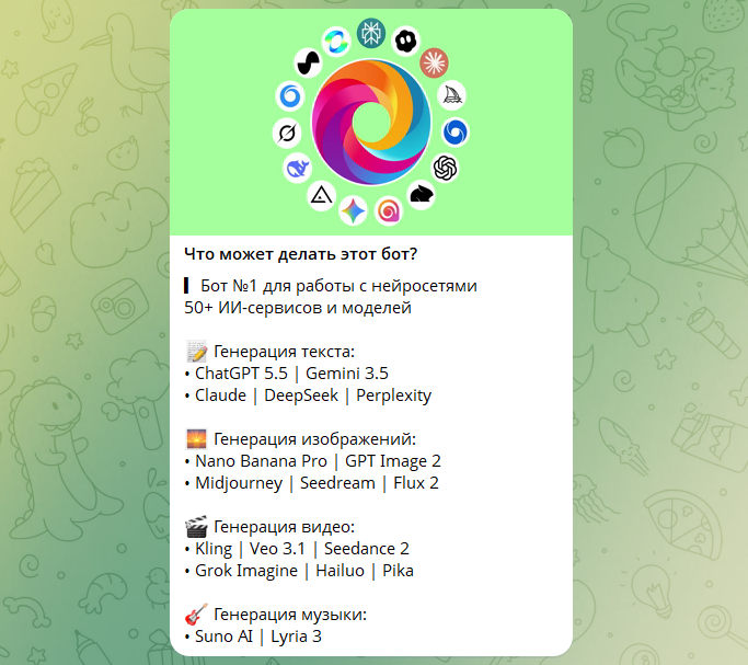 ание универсального ИИ-бота в Telegram, объединяющего более 50 нейросетей, включая ChatGPT, Midjourney и Claude.