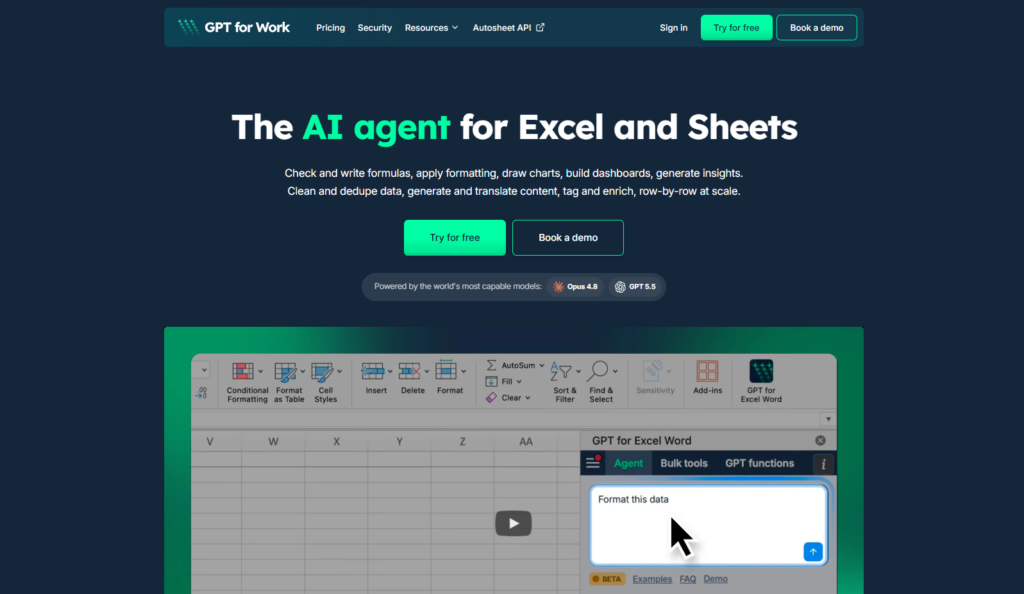 Главная страница англоязычного сервиса GPT for Work — ИИ-агента для Excel и Google Таблиц.