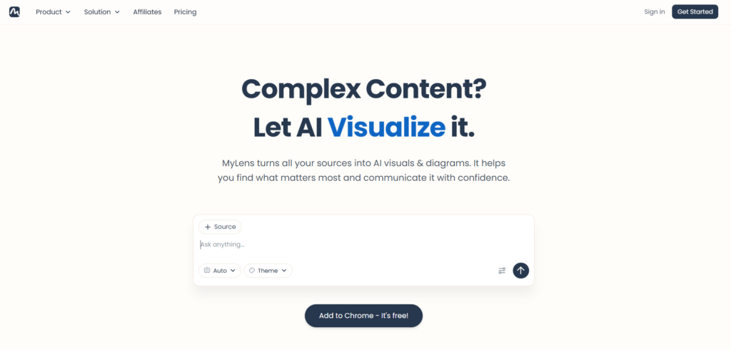 Лендинг онлайн-платформы MyLens для визуализации сложных данных и таблиц в виде ИИ-схем.