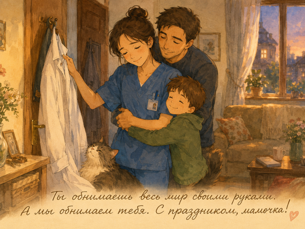 Иллюстрация в теплом стиле: мужчина и маленький ребенок обнимают уставшую женщину-в медицинском костюме, рядом сидит пушистый кот.