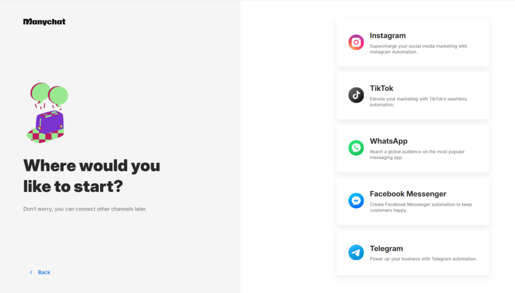 Выбор канала для подключения в ManyChat: Instagram, TikTok, WhatsApp, Facebook Messenger и Telegram.
