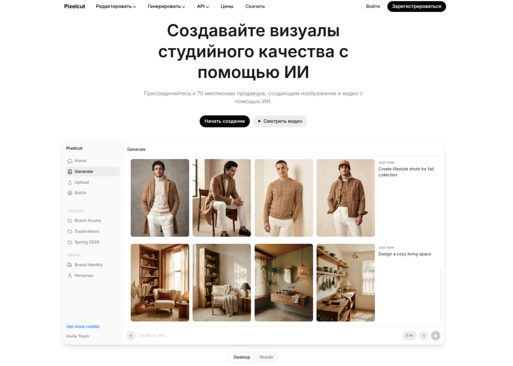 Главная страница русскоязычного сайта Pixelcut с примерами студийных визуалов одежды и интерьеров, созданных нейросетью.