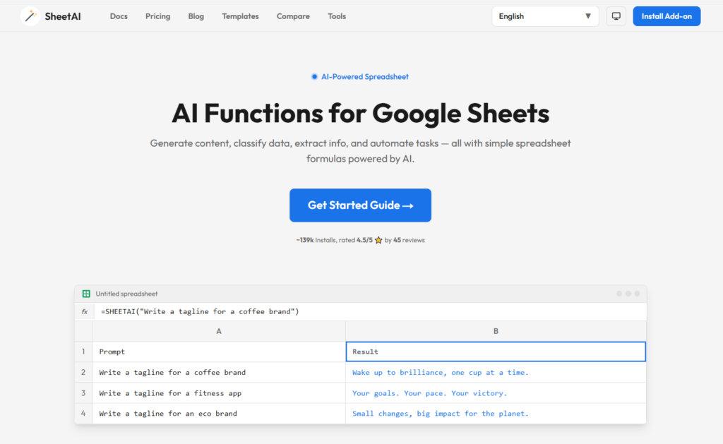 Использование функции SHEETAI в ячейках Google Sheets для автоматической генерации текстовых слоганов.