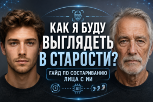 Коллаж «До и после»: молодой мужчина слева и его состаренная с помощью искусственного интеллекта копия справа. Текст: «Как я буду выглядеть в старости? Гайд по состариванию лица с ИИ».