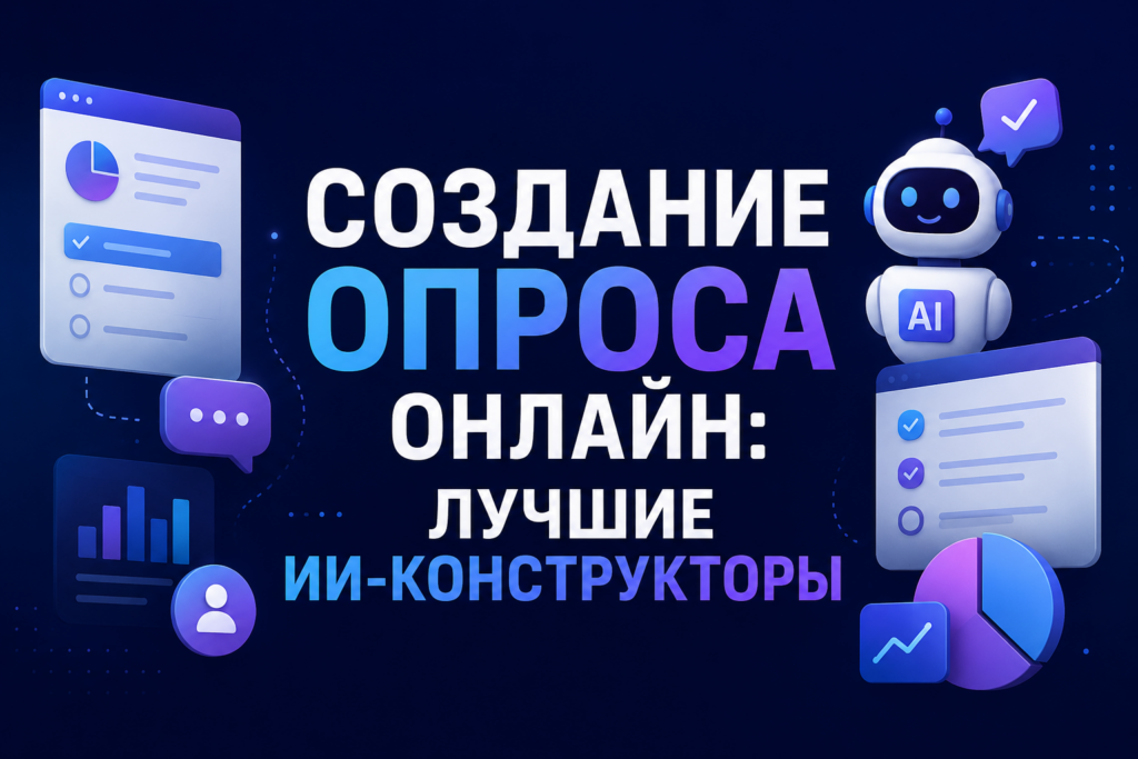 Обложка с 3D-графикой робота, графиков и надписью «Создание опроса онлайн: лучшие ИИ-конструкторы».