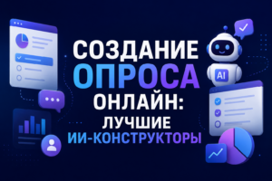 Обложка с 3D-графикой робота, графиков и надписью «Создание опроса онлайн: лучшие ИИ-конструкторы».