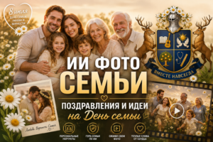 Семейное фото для поздравления с Днем семьи, любви и верности, украшенное ромашками.