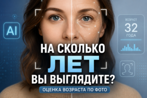 Рекламный баннер с надписью «На сколько лет вы выглядите? Оценка возраста по фото с ИИ».