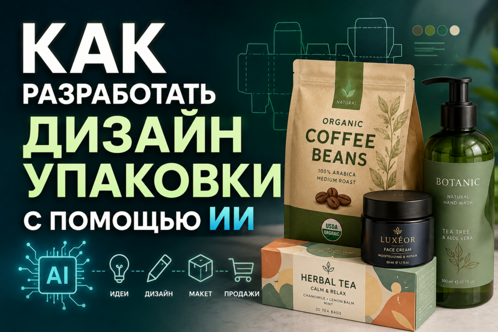 Как разработать дизайн упаковки с помощью ИИ: примеры брендинга кофе, чая и косметики, созданные нейросетью.