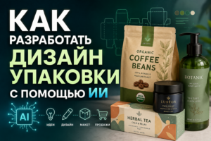 Как разработать дизайн упаковки с помощью ИИ: примеры брендинга кофе, чая и косметики, созданные нейросетью.