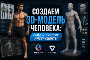 Обложка руководства по созданию 3D-модели человека с помощью нейросетей Meshy и Tripo. На картинке изображен спортивный мужчина и его сеточная 3D-модель.