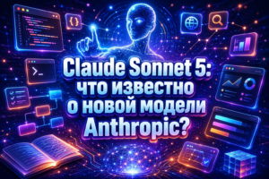 Яркая неоновая обложка в футуристичном стиле с надписью «Claude Sonnet 5: что известно о новой модели Anthropic?» и графическими элементами интерфейса программирования.