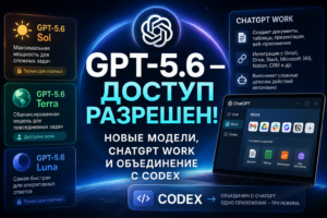 Промо-баннер релиза новых моделей OpenAI: GPT-5.6 Sol, Terra, Luna, режима ChatGPT Work и интеграции с Codex. На синем космическом фоне ноутбук с открытым интерфейсом и иконками сервисов.