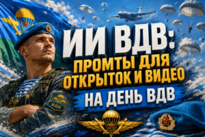 Солдат ВДВ в голубом берете на фоне флага ВДВ и парашютисты, спускающиеся с самолета.
