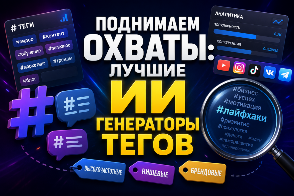 Изображение, демонстрирующее лучшие ИИ генераторы тегов с анализом популярности и конкуренции, примерами хештегов и социальными иконками.