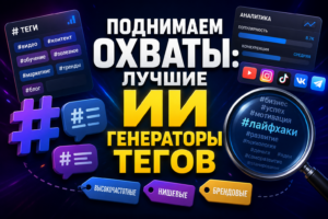 Изображение, демонстрирующее лучшие ИИ генераторы тегов с анализом популярности и конкуренции, примерами хештегов и социальными иконками.