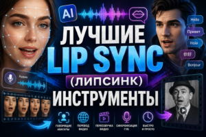 Изображение, представляющее лучшие инструменты для липсинка с использованием искусственного интеллекта, с лицами мужчины и женщины, графическими элементами распознавания речи и множества языков.