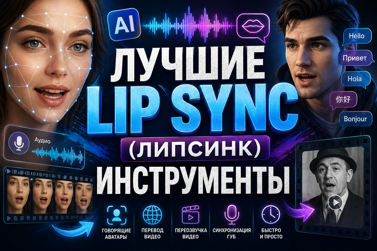 Изображение, представляющее лучшие инструменты для липсинка с использованием искусственного интеллекта, с лицами мужчины и женщины, графическими элементами распознавания речи и множества языков.