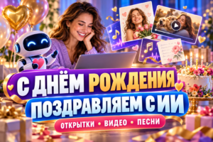 Поздравление с днем рождения с ИИ: девушка, робот, открытки, видео и музыка