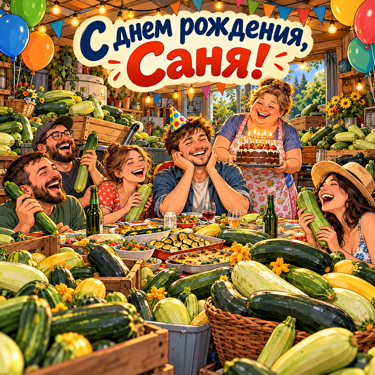 Открытка с локальным мемом: друзья поздравляют Саню за столом среди кабачков
