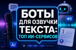 Изображение с надписью 'Боты для озвучки текста: топ ИИ-сервисов', микрофон, робот и иконки звука и текста на синем фоне.