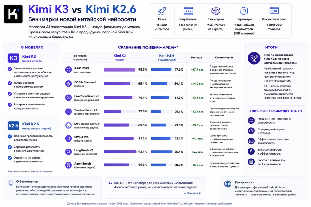 Инфографика сравнения моделей нейросетей Kimi K3 и Kimi K2.6 по ключевым бенчмаркам с описанием их преимуществ и результатов тестирования.