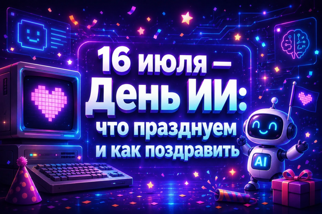 Иллюстрация к празднованию Дня ИИ 16 июля с изображением ретро-компьютера, праздничного робота и поздравительной надписи.