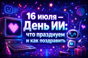 Иллюстрация к празднованию Дня ИИ 16 июля с изображением ретро-компьютера, праздничного робота и поздравительной надписи.