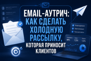 Инфографика об email-аутрич с изображением письма, бумажного самолётика, прицела и ноутбука с данными