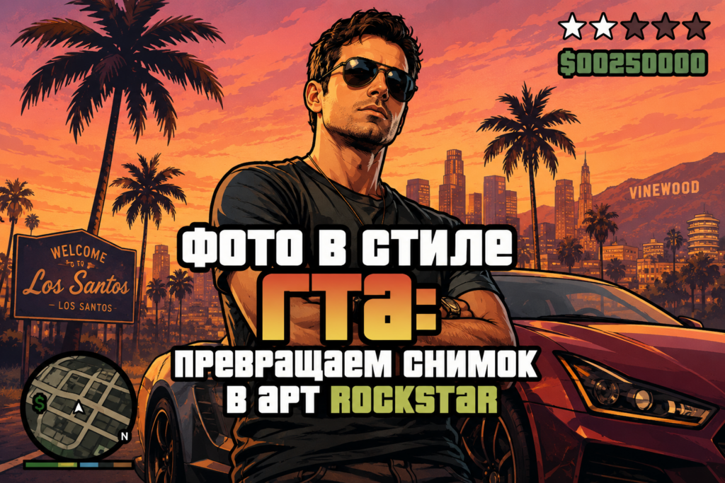Мужчина в солнцезащитных очках на фоне заката, пальм и городского пейзажа в стиле игры GTA с красным спорткаром.