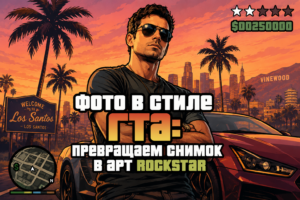 Мужчина в солнцезащитных очках на фоне заката, пальм и городского пейзажа в стиле игры GTA с красным спорткаром.