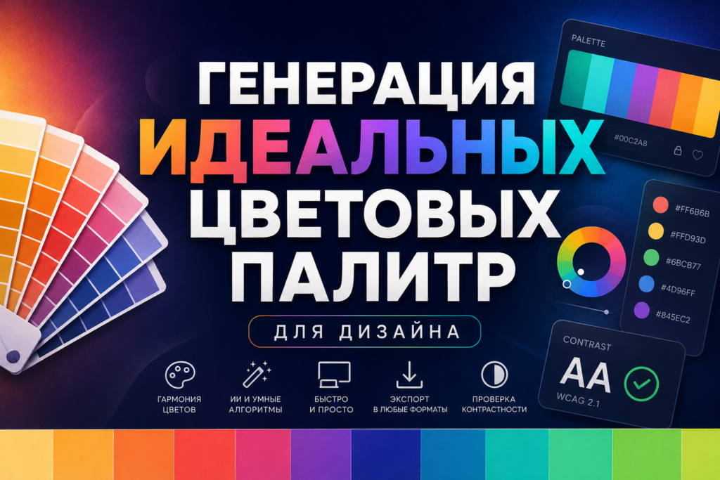 Яркий рекламный баннер на русском языке «Генерация идеальных цветовых палитр для дизайна» с примерами цветовых кругов, HEX-кодов и интерфейса проверки контрастности по WCAG 2.1.