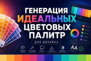 Яркий рекламный баннер на русском языке «Генерация идеальных цветовых палитр для дизайна» с примерами цветовых кругов, HEX-кодов и интерфейса проверки контрастности по WCAG 2.1.