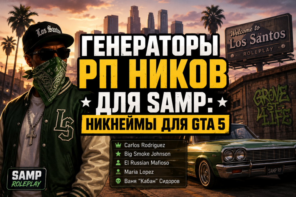 Баннер генератора РП ников для SAMP и GTA 5 с персонажем в зеленой бандане, лоурайдером и списком игровых имен.