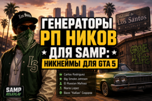 Баннер генератора РП ников для SAMP и GTA 5 с персонажем в зеленой бандане, лоурайдером и списком игровых имен.