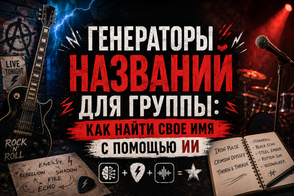 Обложка статьи Генераторы названий для группы как найти свое имя с помощью ИИ в рок стиле с гитарой и микрофоном.
