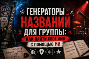 Обложка статьи Генераторы названий для группы как найти свое имя с помощью ИИ в рок стиле с гитарой и микрофоном.