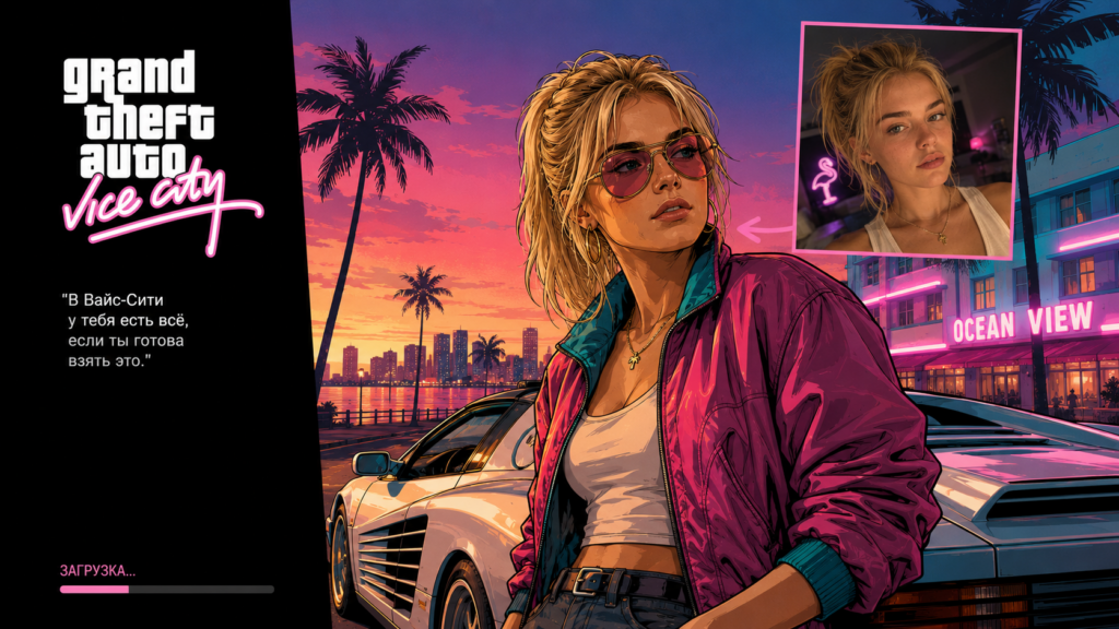 Обложка игры Grand Theft Auto Vice City с изображением девушки в фиолетовой куртке на фоне заката, пальм и спорткара, с вставкой реального фото девушки.