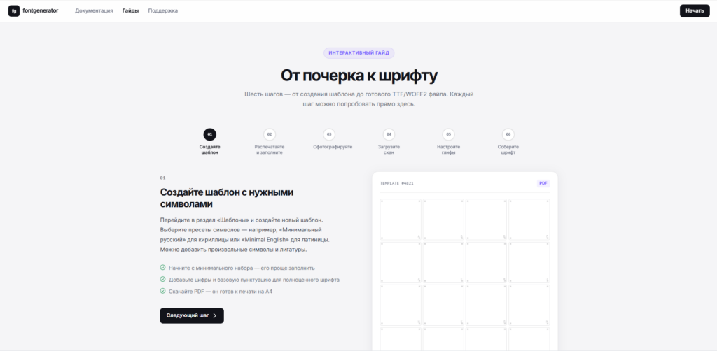 Интерактивный гайд по созданию шрифта из почерка с шагами: создание шаблона, печать, фотографирование, загрузка сканирования, настройка глифов и сборка шрифта.