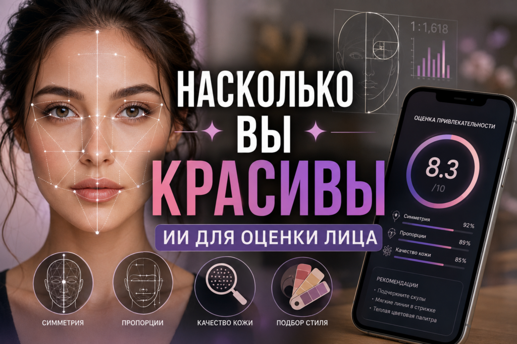 Женское лицо с наложенными линиями для анализа симметрии и пропорций, рядом изображение смартфона с приложением для оценки привлекательности по параметрам симметрии, пропорций и качества кожи.