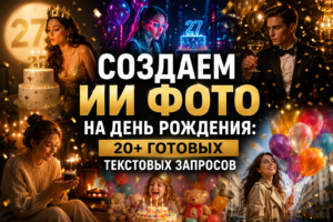 Коллаж из праздничных картинок, сгенерированных нейросетью, с текстом «Создаем ИИ фото на день рождения: 20+ готовых текстовых запросов». На примерах изображены люди с именинными тортами, воздушными шарами и неоновым декором.