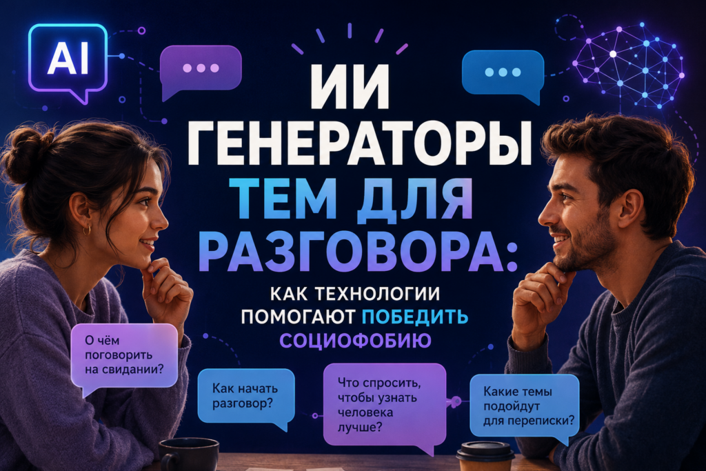 Баннер о генераторах тем для разговора на базе ИИ с изображением общающихся мужчины и женщины и примерами вопросов.
