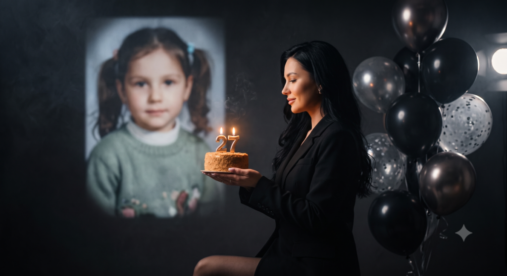 Молодая женщина с юбилейным тортом с цифрами 27 среди черных и серебристых воздушных шаров, на заднем плане фотография девочки