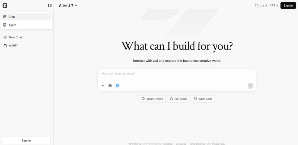 Интерфейс чат-бота на платформе Z.ai с надписью "What can I build for you?" и полем для ввода запроса.