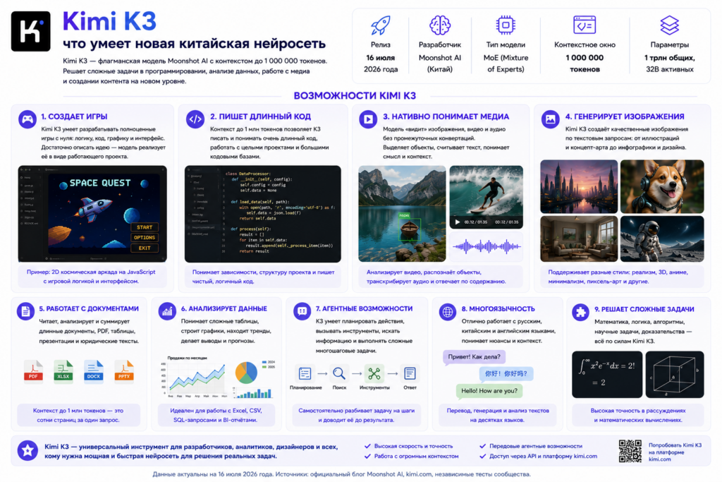 Инфографика с описанием возможностей китайской нейросети Kimi K3: создание игр, написание кода, понимание медиа, генерация изображений, работа с документами, анализ данных, агентные возможности, многоязычность и решение сложных задач.