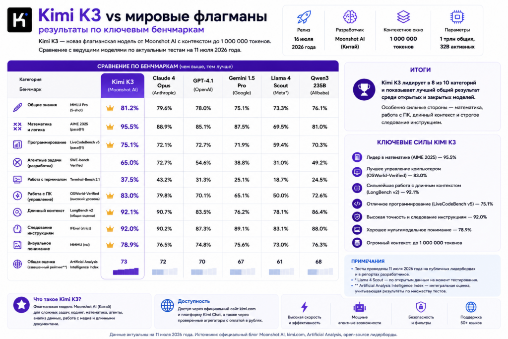 Инфографика сравнивает флагманскую модель Kimi K3 с мировыми моделями ИИ по ключевым бенчмаркам на июль 2026 года.