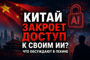 Иллюстрация к статье о регулировании искусственного интеллекта в Китае с флагом КНР, замком и силуэтом человека.