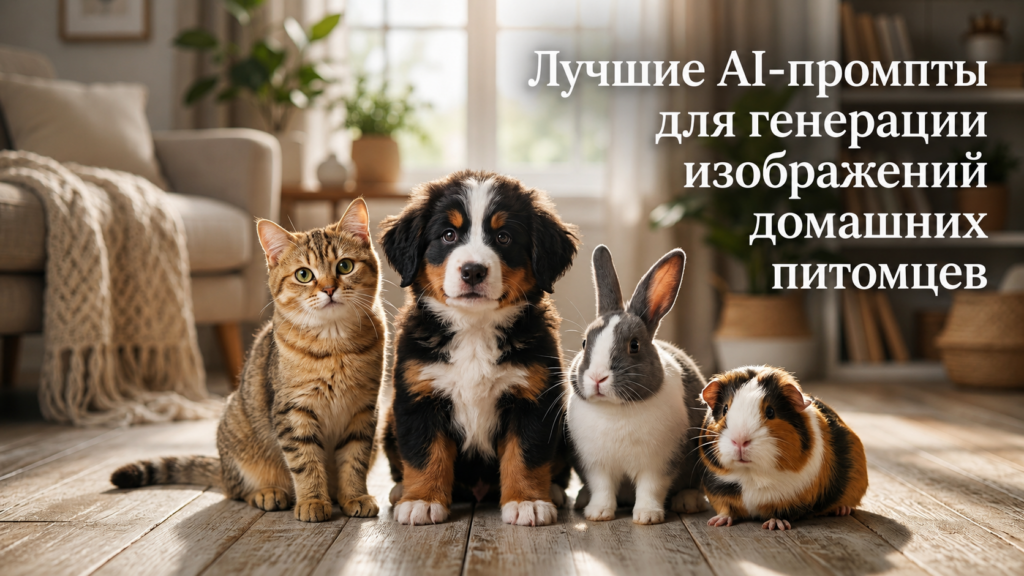 Кот, щенок, кролик и морская свинка сидят на деревянном полу в уютной комнате с текстом о лучших AI-промптах для генерации изображений домашних питомцев.