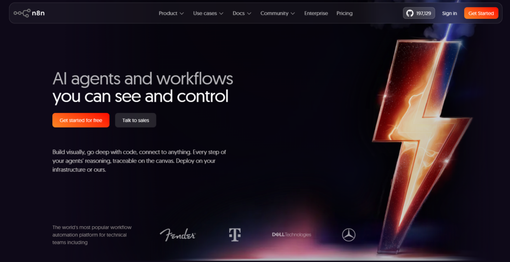 Главная страница сайта n8n с заголовком 'AI agents and workflows you can see and control', кнопками 'Get started for free' и 'Talk to sales', а также изображением стилизованной молнии справа.