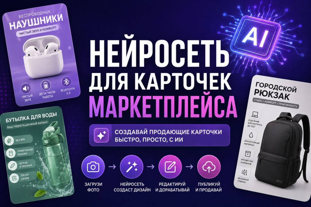 Баннер сервиса «Нейросеть для карточек маркетплейса» с примерами инфографики для наушников, бутылки для воды и рюкзака.